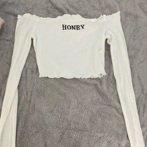 white “honey” off the shoulder crop top